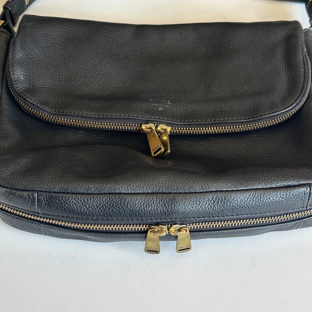 Fossil Black Leather Foldover Zip Around Bag Pebbled Flap Purse Boho Slouchy - Picture 6 of 13